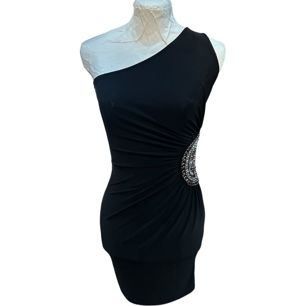 Y2K One Shoulder Bodycon Mini Dress Embellished Glam Party Cocktail SZ S Black